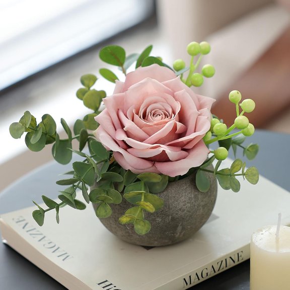 PETGLE DIY Small Artificial Flowers Potted Kit Fake Flower Realistic Silk Rose and Greenery with Vase for Gifts Table Centerpiece Mantle Office Desk Shelves Living Room Decorations (Light Pink)