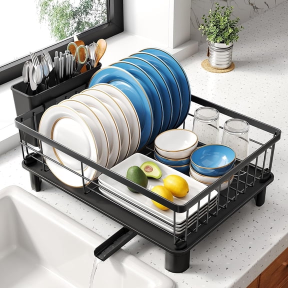 PETGLE Dish Drying Rack - Space-Saving Dish Rack for Kitchen Counter, Stainless Steel Dish Drainer with Utensil Holder and Drainboard, 11" W x 15" L (Black)