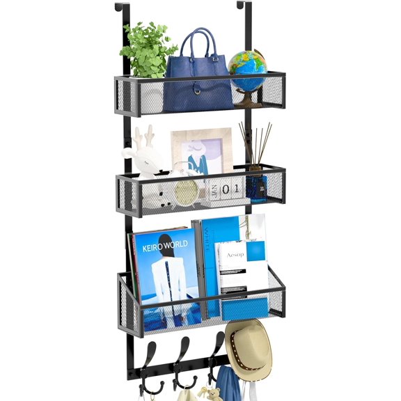 PETGLE Over The Door Hooks Organizer, Coat Rack Over The Door Storage Hanger Towel Rack, Back of Door Storage Organizer for Bathroom,Bedroom,Kitchen,Office (Black, 4-Tier)