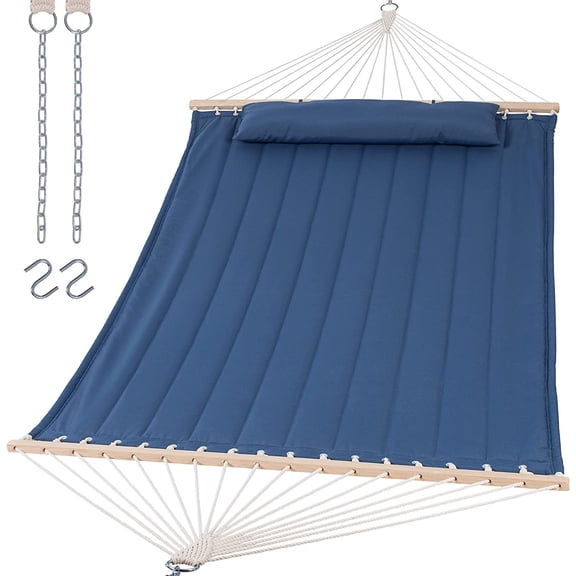 PETGLE Double Outdoor Hammock with Hardwood Spreader Bar, Extra Large Pillow, 475 lbs Capacity, Heavy Duty 2 Person Hammock, Blue