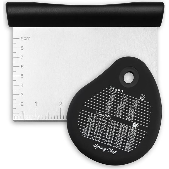 PETGLE Dough Bench Scraper for Baking with Markings - Stainless Steel Kitchen Dough Cutter Tool with Bowl Pastry Scraper for Pizza, Bread, Pastries - Bench Knife - Dishwasher Safe - Black