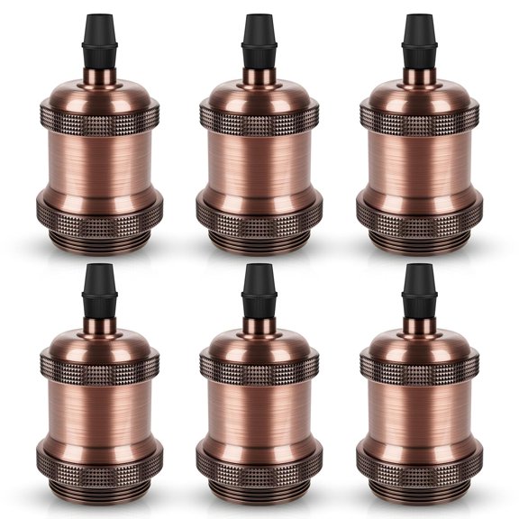PETGLE E26 Edison Vintage Lamp Socket, Retro Pendant Lamp Holder, Light Sockets Replacement, Antique Look for Industrial, Decorative, DIY Lighting, 600℃ Heat Resistant, 6 Packs (Red Copper Color)