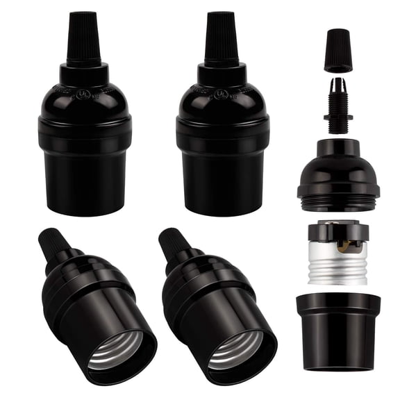 PETGLE E26 Vintage Lamp Socket, UL-Listed, Edison Bulb Pendant Light Sockets Replacement, Retro Black Lampholder for Light Fixture Parts, DIY, Industrial, Pipe, Decorative Lighting, 4 Packs