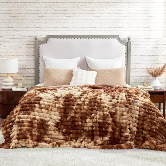 PETGLE Faux Fur Throw Blanket for Couch, Cozy Warm Plush Striped Blanket for Sofa Bedroom Living Room, 108 * 90 Inches Tie-dye Brown