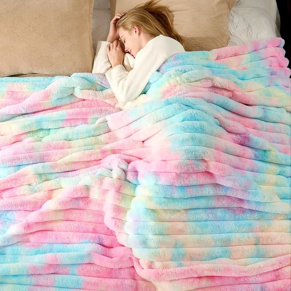 PETGLE Faux Fur Throw Blanket for Couch, Cozy Warm Plush Striped Blanket for Sofa Bedroom Living Room, 90 * 90 InchesTie-dye Rainbow