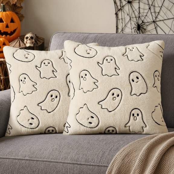 PETGLE Faux Rabbit Fur Halloween Ghost Pillow Covers Beige 18x18 | Set of 2, Decorative Cute Ghost Throw Pillows, Soft Fall Cushion Covers, Halloween Decor for Couch Sofa Bedroom Living Room