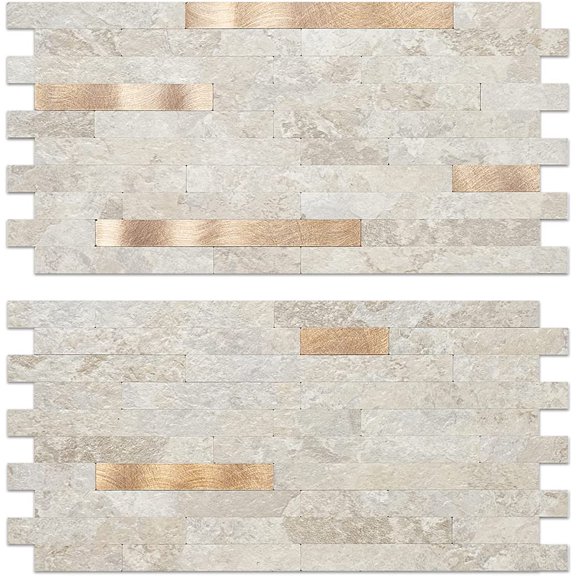 PETGLE Faux Stone Peel and Stick Backsplash, Beige Marble Look PVC Wall Tiles Stick on Backsplash, 2