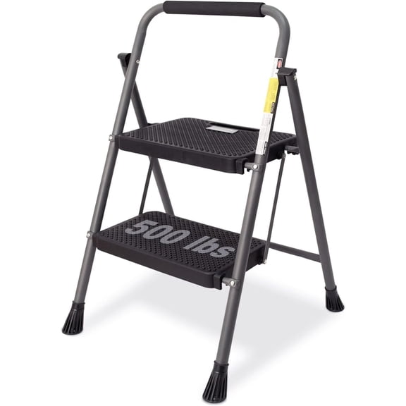 PETGLE Folding 2-Step Ladder with Anti-Slip Platform and Handrail, Heavy Duty Steel, 500 lbs Capacity, Compact Portable Step Stool for Home, Kitchen & Office Use, Grey