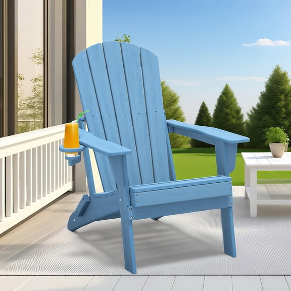 PETGLE Folding Adirondack Chairs with Cup Holder-Wood Texture, HDPE All-Weather Plastic Fire Pit Chair, Lawn Chair for Outdoor Porch Garden Backyard