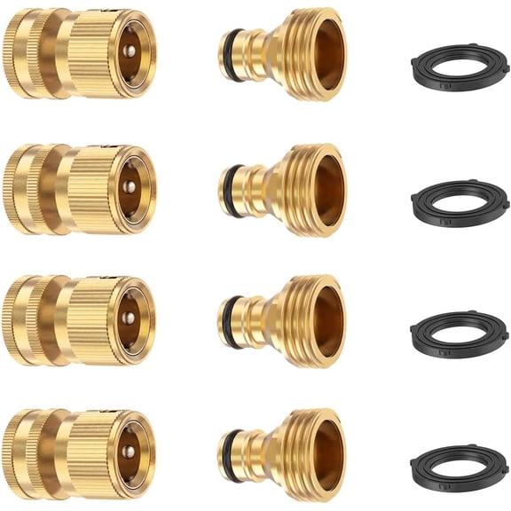 PETGLE+ Garden Hose Quick Connector, Solid Brass 3/4 Inch Thread Fitting No-Leak Water Hose Female and Male Easy Connect (4 Sets)