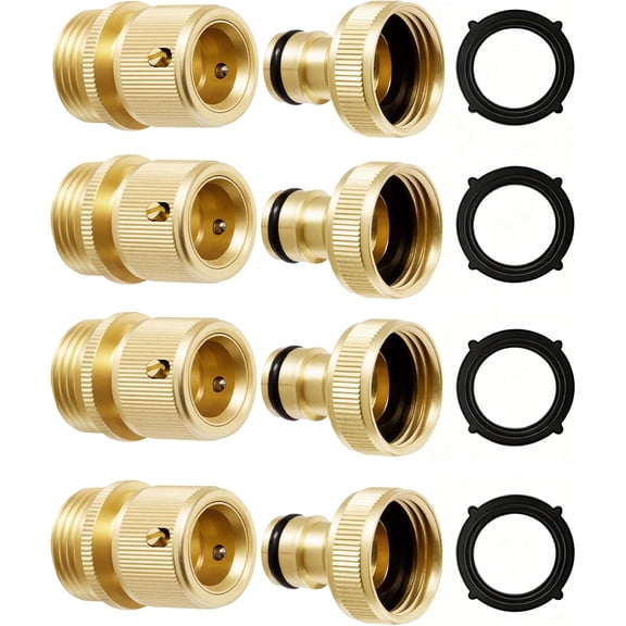 PETGLE Garden Hose Quick Connectors, Heavy Duty Solid Brass 3/4 Inch GHT, Universal Leak-Proof Fittings for Easy Water Hose Connection (4 Sets)