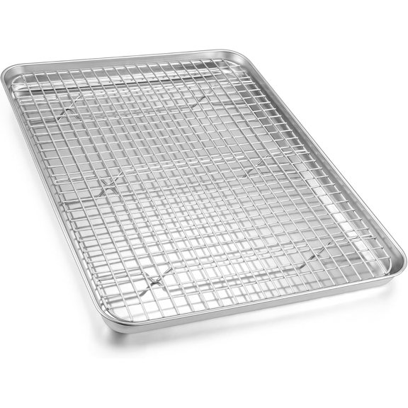 PETGLE Half Baking Sheet with Wire Rack (1 Pan+1 Rack), 18" x 13" Stainless Steel Cookie Sheet Pan with Grid Cooling Rack Set for Baking, Large Bacon Tray for Oven Cooking Roasting, Dishwasher Safe