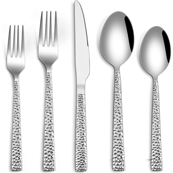 PETGLE Hammered Silverware Set, 20-Piece Stainless Steel Flatware for 4, Eating Utensils Tableware Cutlery for Kitchen Hotel Restaurant Party, Mirror Polished - Dishwasher Safe