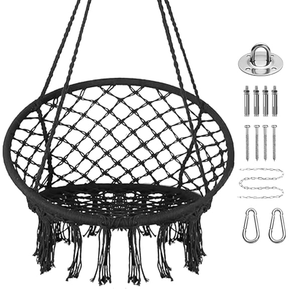 PETGLE Hammock Chair, Macrame Hanging Indoor Swing Chairs with Hardware Kit,Adult Boho Swinging Swings for Outside,Patio,Balcony,Bedroom (Black (Pillows are not Included))