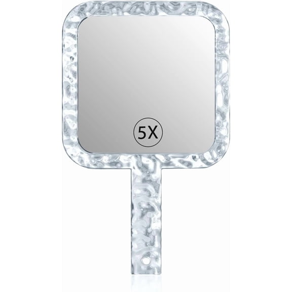 PETGLE Hand Mirror,Double-Sided Handheld 1X/5X Magnifying Mirror with Handle for Makeup, Shaving Mirror with Hole Hanging,Acrylic, 6.1" W x 10" L, Square Shape, Transparent 1 PC