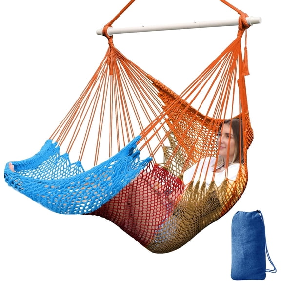 PETGLE Handwoven Cotton Hammock Chair Large Hanging Rope Chair 7.9ft with Detachable Strong Metal Spreader Bar, Breathable Net Swing Seat Color Blocking, Portable with Carry Bag, Indoor Outdoor Use
