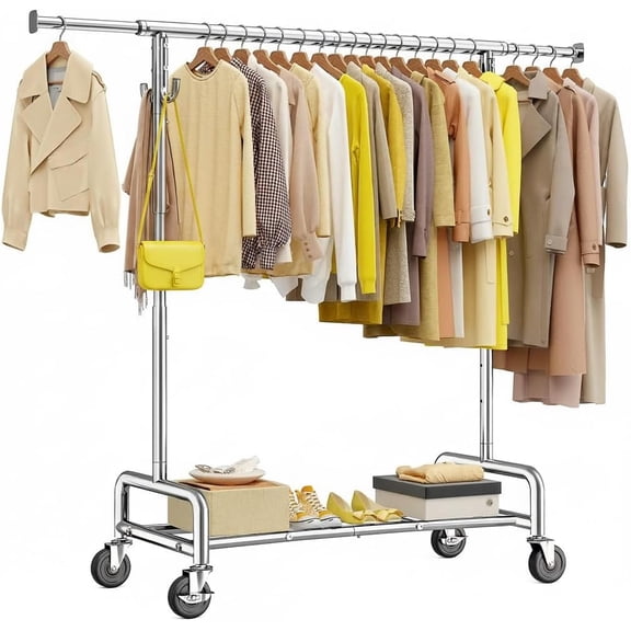 PETGLE Heavy Duty Clothes Rack 75" Extra Wide, 450 LBS Clothing Rack with 4 Hooks, Lockable Wheels, Metal Garment Rack for Bedroom, Laundry Room, Commercial
