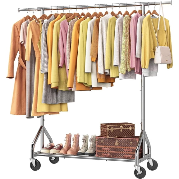 PETGLE Heavy Duty Clothes Rack Load 450 LBS, Clothing Rack for Hanging Clothes, Garment Rack with Wheels & Shelves, for the Bedroom, Laundry Room
