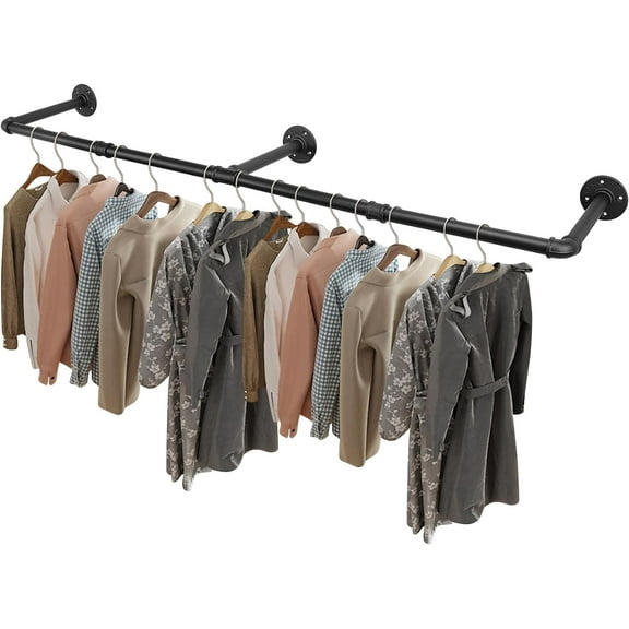 PETGLE Industrial Pipe Clothes Rack, Heavy Duty Detachable Iron Garment Rack Wall Mounted, Rustic Saving Space Clothes Bar Multi-Purpose Hanging Rod for Bedroom, Closet, Black (60 Inch)