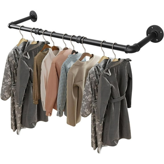 PETGLE Industrial Pipe Clothes Rack, Heavy Duty Detachable Iron Garment Rack Wall Mounted, Rustic Saving Space Clothes Bar Multi-Purpose Hanging Rod for Bedroom, Closet, Black (36 Inch)