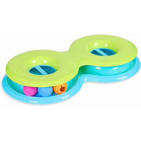 PETGLE Infinity Ball Track for Cats with Two Balls, Including One Light-Up Ball, Figure-8 Shaped Cat Ball Track Compatible Topper Toys, Green