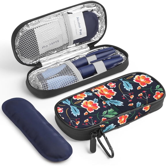 PETGLE Insulin Cooler Travel Case Diabetic Medication Insulated Cool Organizer with 2 Reusable Ice Packs for Insulin Pen and Other Diabetic Supplies, for The Daily Life and Trip, Red Flower