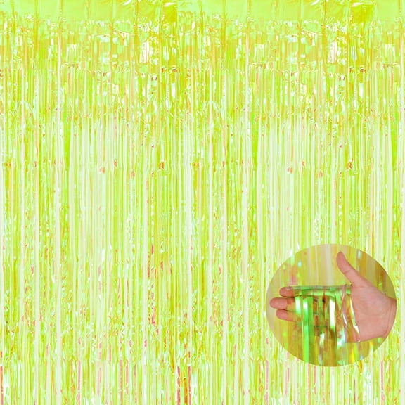 PETGLE Iridescent Foil Fringe Backdrop - 2 Pack 3.2 x 6.5 ft Holographic Tinsel Curtain Party Streamers Photo Backdrop for Birthdays Dinosaur Theme Christmas Patricks Decorations - Clear Green