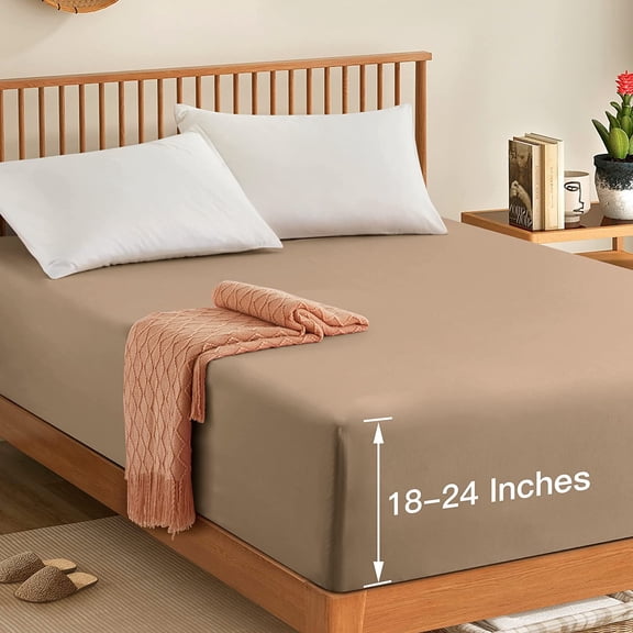 PETGLE King Extra Deep Pocket Fitted Sheet Only - 1800 Thread Count Hotel Deep Fitted Sheet Up to 24 Inches Mattress, Taupe Bottom Sheet 18-24 Inch Microfiber Deep King Mattress Sheets
