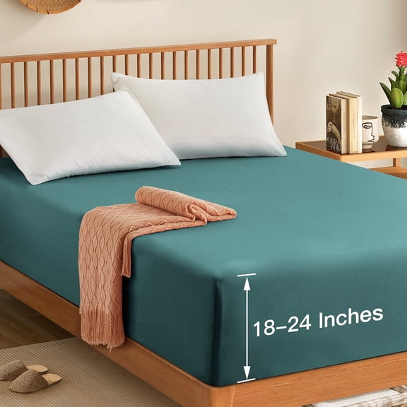 PETGLE King Extra Deep Pocket Fitted Sheet Only - 1800 Thread Count Hotel Deep Fitted Sheet Up to 24 Inches Mattress, Teal Bottom Sheet 18-24 Inch Microfiber Deep King Mattress Sheets