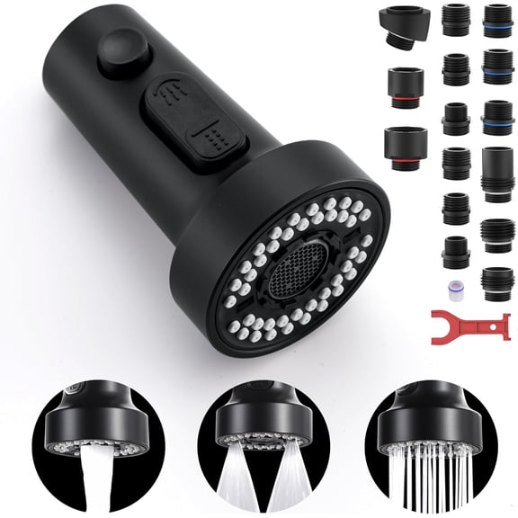 PETGLE Kitchen Faucet Head Replacement Black, with 15 Adapters Plastic Pull Down Faucet Spray Head, 3 Modes Pull Out Kitchen Sink Sprayer Nozzle, Matte Black
