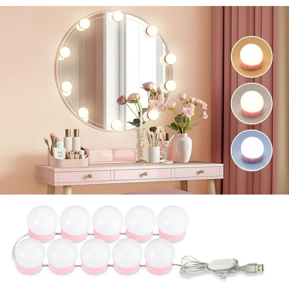 PETGLE LED Vanity Lights for Mirror, Hollywood Style Vanity Light with 10 Dimmable Bulbs, Adjustable Color & Brightness, USB Cable, Mirrors Lights Stick on for Makeup Table Dressing Room Mirror