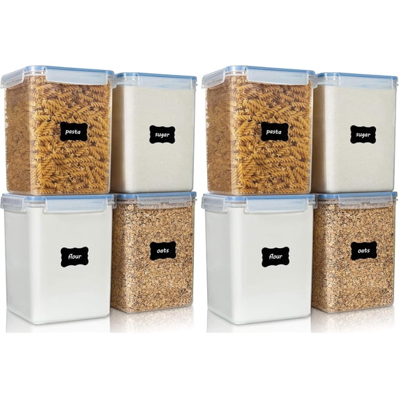PETGLE Large Food Storage Containers 5.2L / 175oz, 4 Pieces BPA Free Plastic Airtight Canisters for Flour, Sugar, Baking Supplies, Rice with Lids, 4 Measuring Cups and 24 Labels, Blue (Pack of 2)