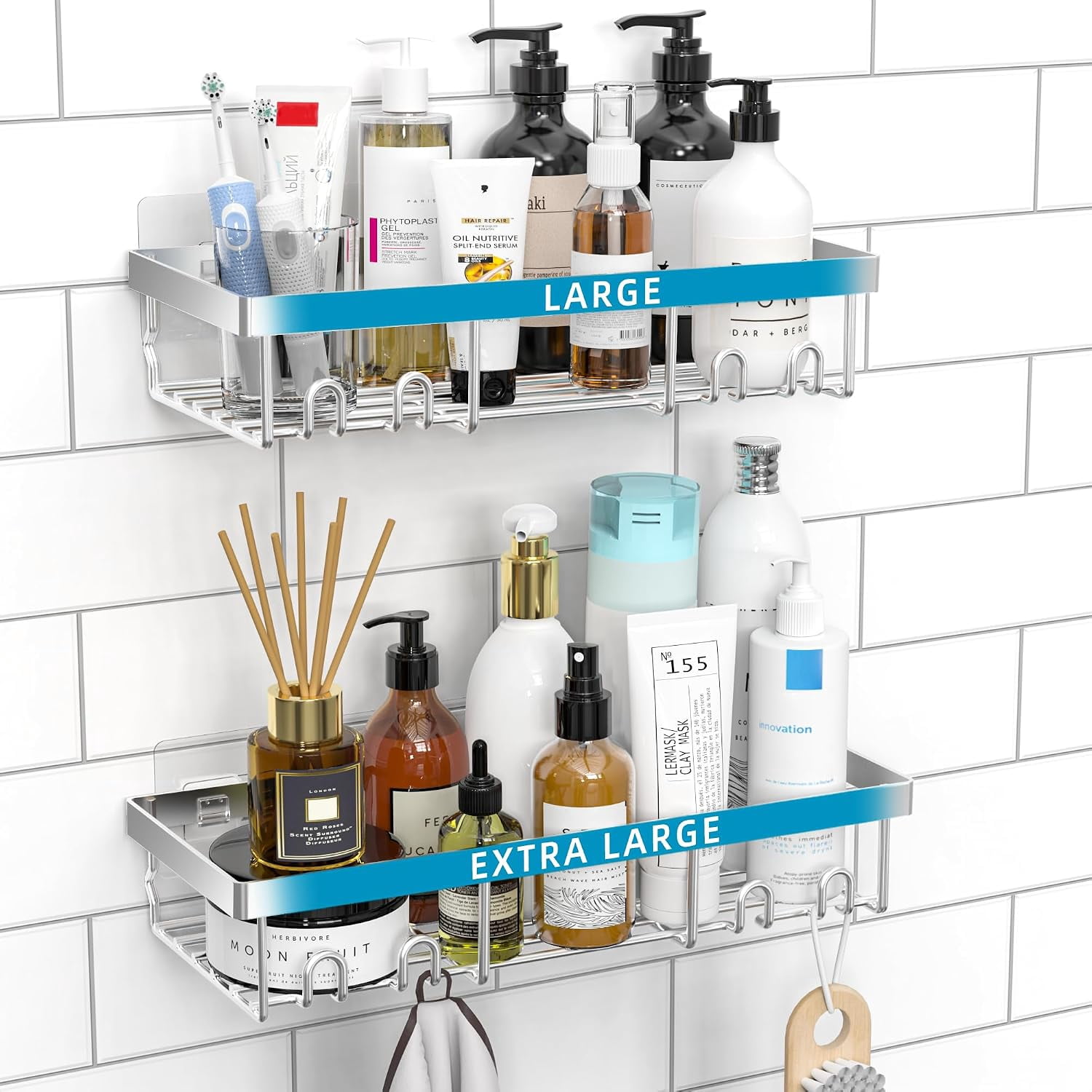 PETGLE Large Silver Shower Caddy Shelf Organizer Rack, Self Adhesive