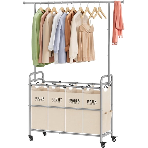 PETGLE Laundry Hamper with Hanging Rack, Laundry Sorter 4 Sections, 4 Basket Butler with Lockable Wheels and Removable Bag, Rolling Laundry Cart for Bedroom, Beige