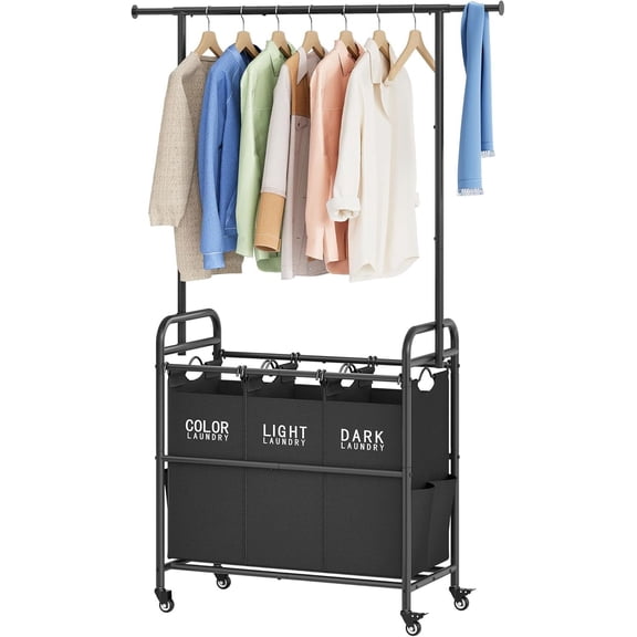 PETGLE Laundry Sorter Cart with Hanging Rack, Laundry Sorter 3 Section, Laundry Hamper with Heavy Duty Rolling Lockable Wheels, Black
