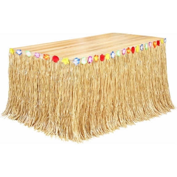 PETGLE Luau Grass Table Skirt Natural 9 Feet x 29.5 Inch Hawaiian Table Skirt for Tropical Hawaiian Party Decorations Luau Costume Party, Straw Yellow