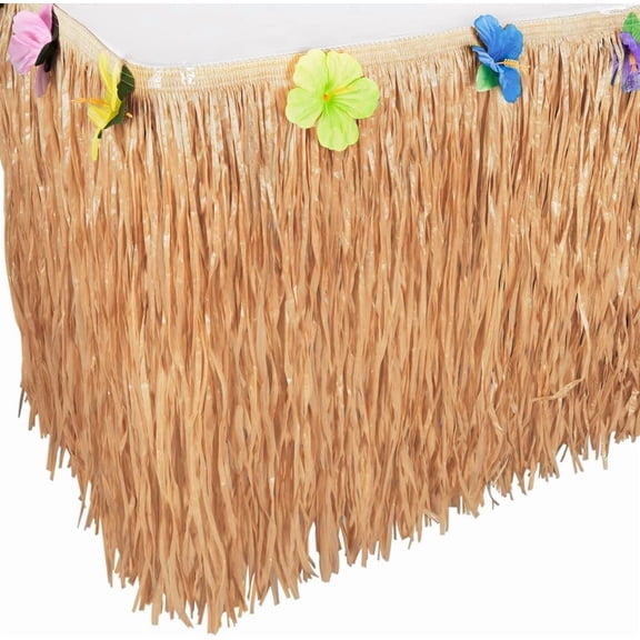 PETGLE Luau Grass Table Skirt - Natural Brown Hawaiian Party Decorations, Tropical Tiki Bar Decor, 9ft x 29.5” Hula Costume Accessory