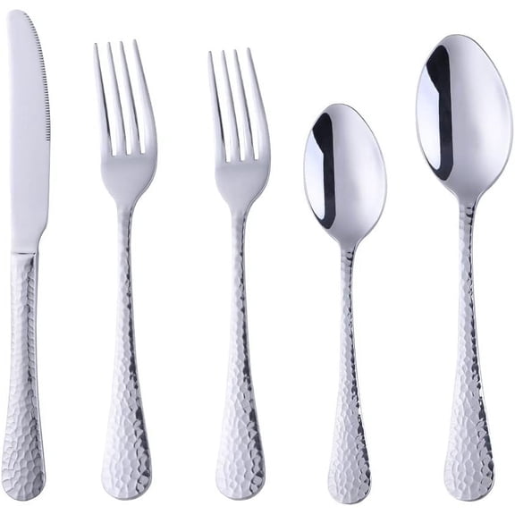 PETGLE Luxury Flatware Set for 1 -Stainless Steel Hammered Silverware, 5-Piece Mirror Polish Cutlery Set, Elegant Design for Dining & Daily Use
