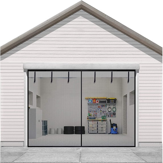 PETGLE Magnetic Garage Door Screen for 1 Car 8x7FT, Reinforced Polyester Magnetic Screen Door with 26 High Energy Magnets and 6 Strapping Tapes, Hands-Free Screen Door Mesh for Garage Door