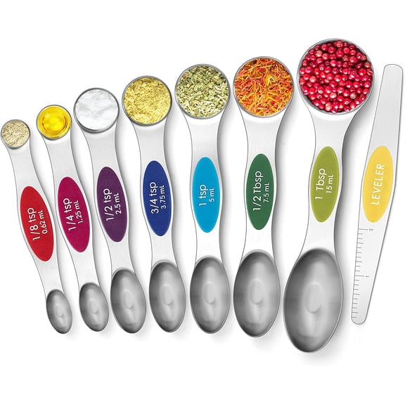 PETGLE Magnetic Measuring Spoons Set Stainless Steel, Dual Sided for Liquid Dry Food, Measuring Cups Spoons Set Fits in Spice Jar, Kitchen Gadgets, Cooking Utensils Set, Including Leveler, 8Color