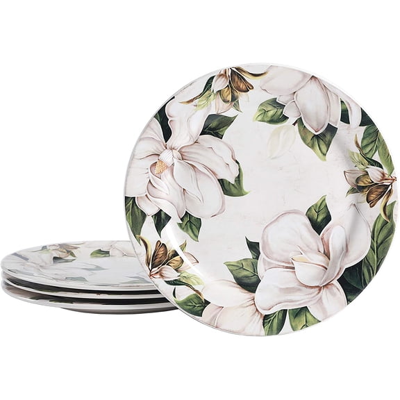 PETGLE Magnolia Floral Dinner Plates Set of 4, 11 Inch Large Ceramic Plates for Pasta, Steak, Stylish Serving Dishes, Microwave and Dishwasher Safe, Gift for Housewarming and Thanksgiving