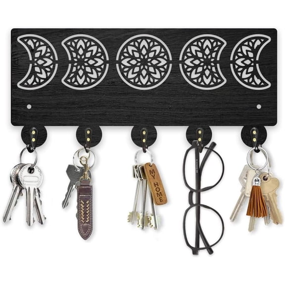 PETGLE Mandala Moon Phase Key Holder for Wall 11.8x5.3inch Floral Moon Wood Key Rack Hooks with 5 Alloy Hooks for Entryway Front Door Kitchen Office Decor