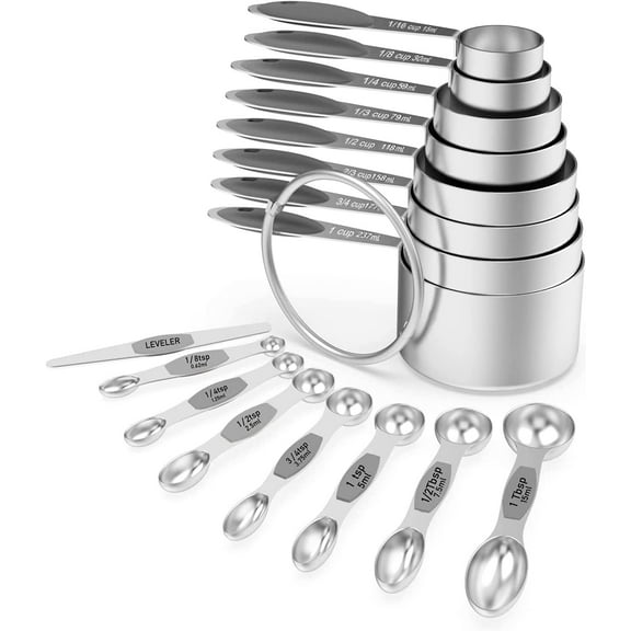 PETGLE Measuring Cups and Magnetic Measuring Spoons Set, 16Pcs | 8 Stainless Measuring Cups, 7 Double-sided Magnetic Measuring Spoons & Leveler for Spice Jar and Liquid Measuring, Gray