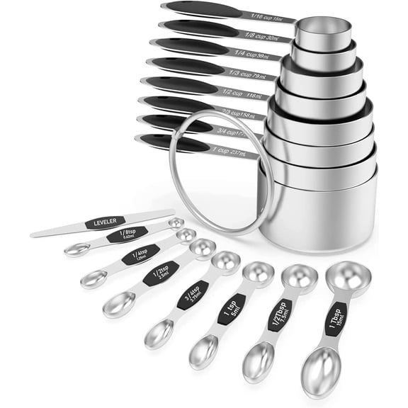 PETGLE Measuring Cups and Magnetic Measuring Spoons Set, 16Pcs | 8 Stainless Measuring Cups, 7 Double-sided Magnetic Measuring Spoons & leveler for Spice Jar and Liquid Measuring, Black