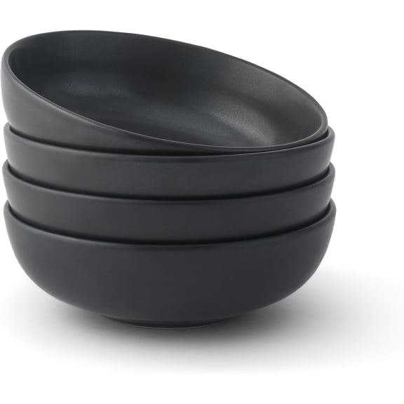 PETGLE Mesa 30oz Stoneware Pasta Bowls Set of 4, Salad and Serving Bowls for Kitchen, Oatmeal, Soup, Dinner - Matte Black, Dishwasher and Microwave Safe, Wide and Shallow Plate