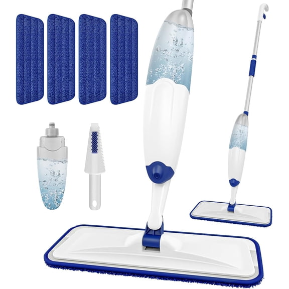 PETGLE Microfiber Flat Mop with Sprayer: Spray Mop with 4 Washable Pads | Cleaning Multi-Surface Floors, 1Pcs 400+ML Refillable Bottle, Wet Dry Use, 360° Swivel Head, White