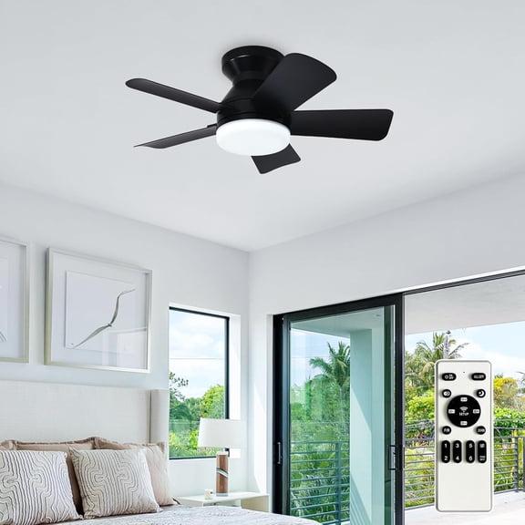 PETGLE Modern Ceiling Fan with Light: 25-Inch Black Small Fans for Bedroom Indoor Outdoor - Dimmable Low Profile Ceiling Fans with Remote Control Flush Mount 5 Reversible Black Blades 6 Speeds Timer