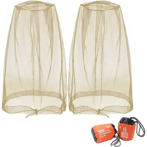 PETGLE Mosquito Head Net Mesh, Face Neck Fly Netting Hood from Bugs Gnats Noseeums Screen Net for Any Outdoor Lover- with Carry Bags Fits Most Sizes of Hats Caps (2pcs, Khaki, Updated Big Net)