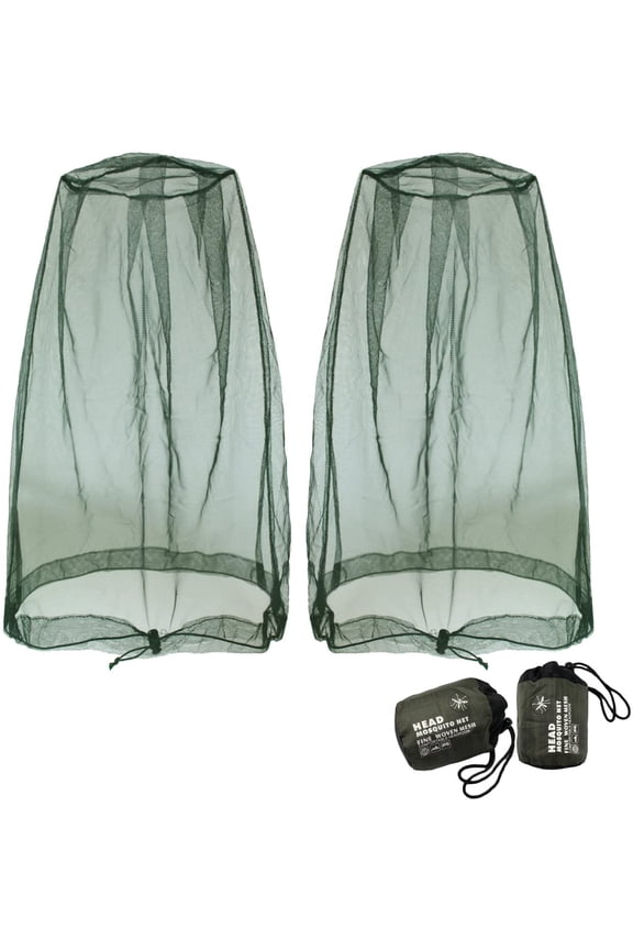 Mosquito Head Net Mesh, Face Neck Fly Netting Hood from Bugs Gnats Noseeums Screen Net for Any Outdoor Lover- with Carry Bags Fits Most Sizes of Hats Caps (2pcs, Olive, Updated Big Net)