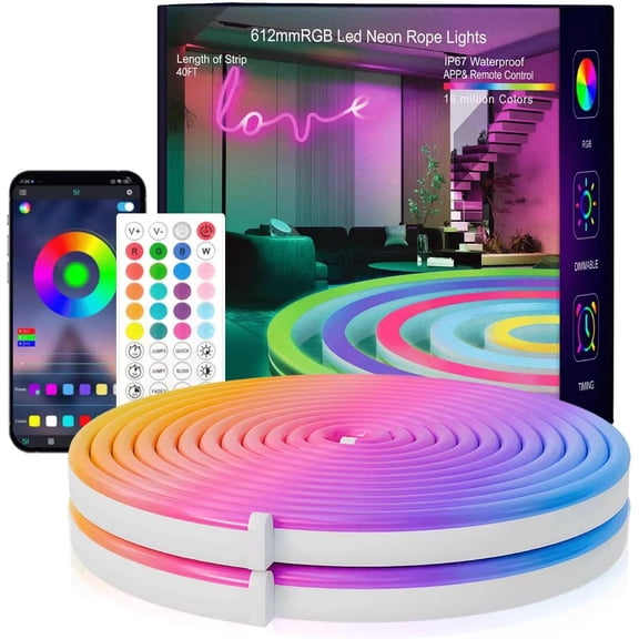 PETGLE Neon Rope Lights, 20FT RGB LED Strip Lights, Waterproof IP67 LED Lights for Bedroom, DIY Design, Music Sync, 44 Key Remote Control, Multiple Modes for Bedroom, Holiday Decoration
